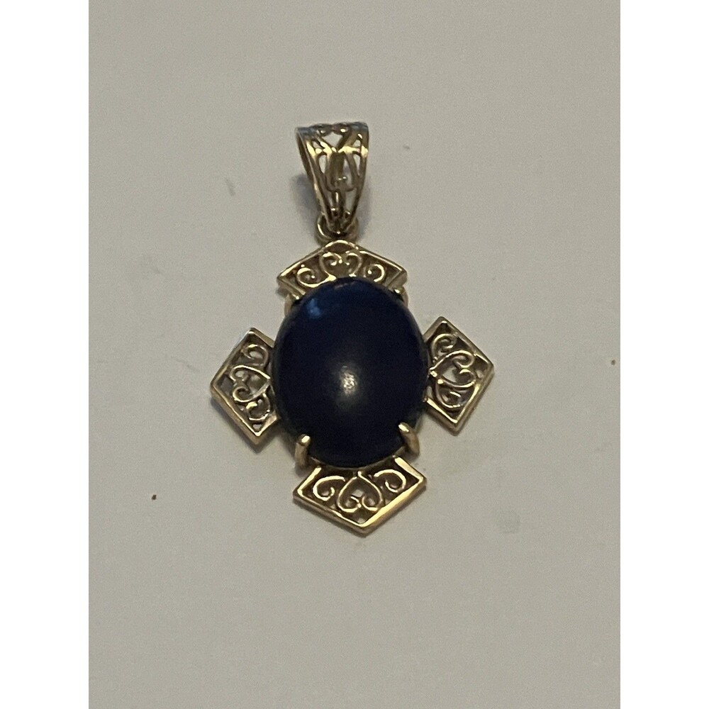10K Yellow Gold Lapis Lazuli Cross Pendant Filigree Charm JAM Hallmark Vintage